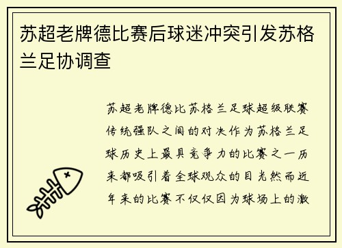 苏超老牌德比赛后球迷冲突引发苏格兰足协调查